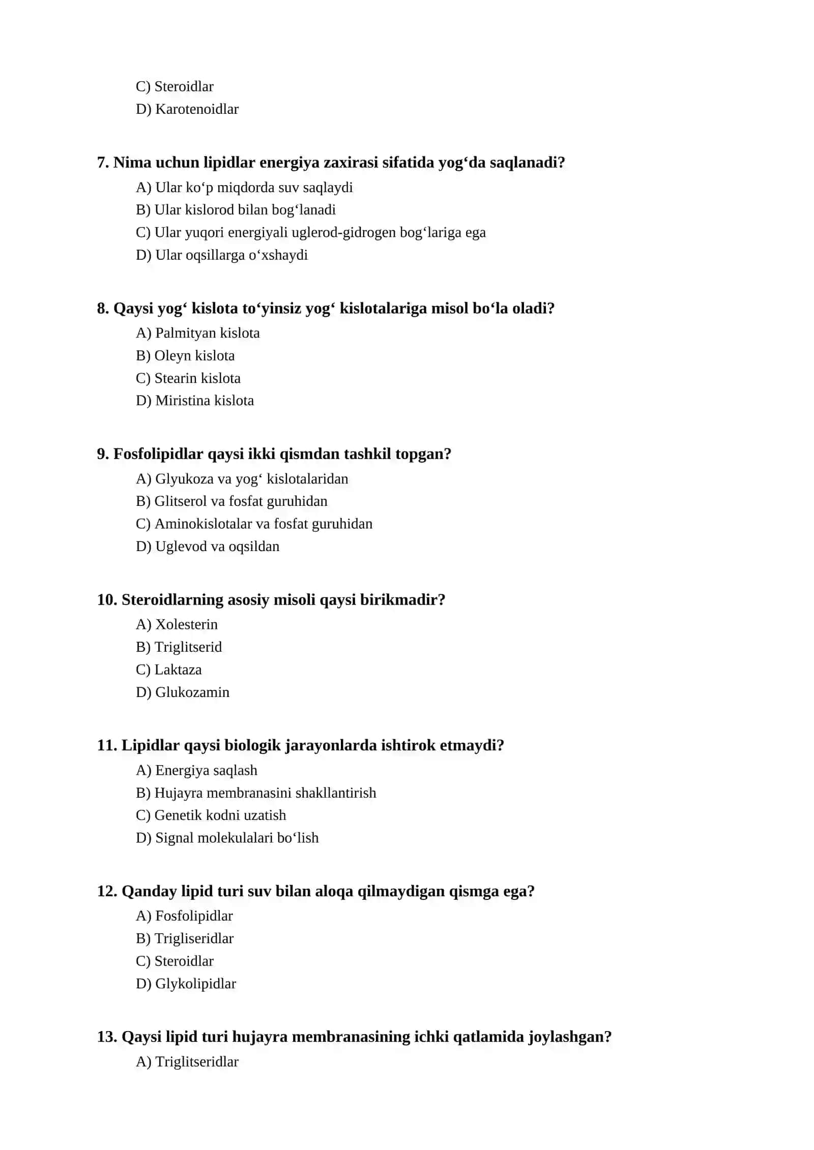 Lipidlar bo'yicha test 2