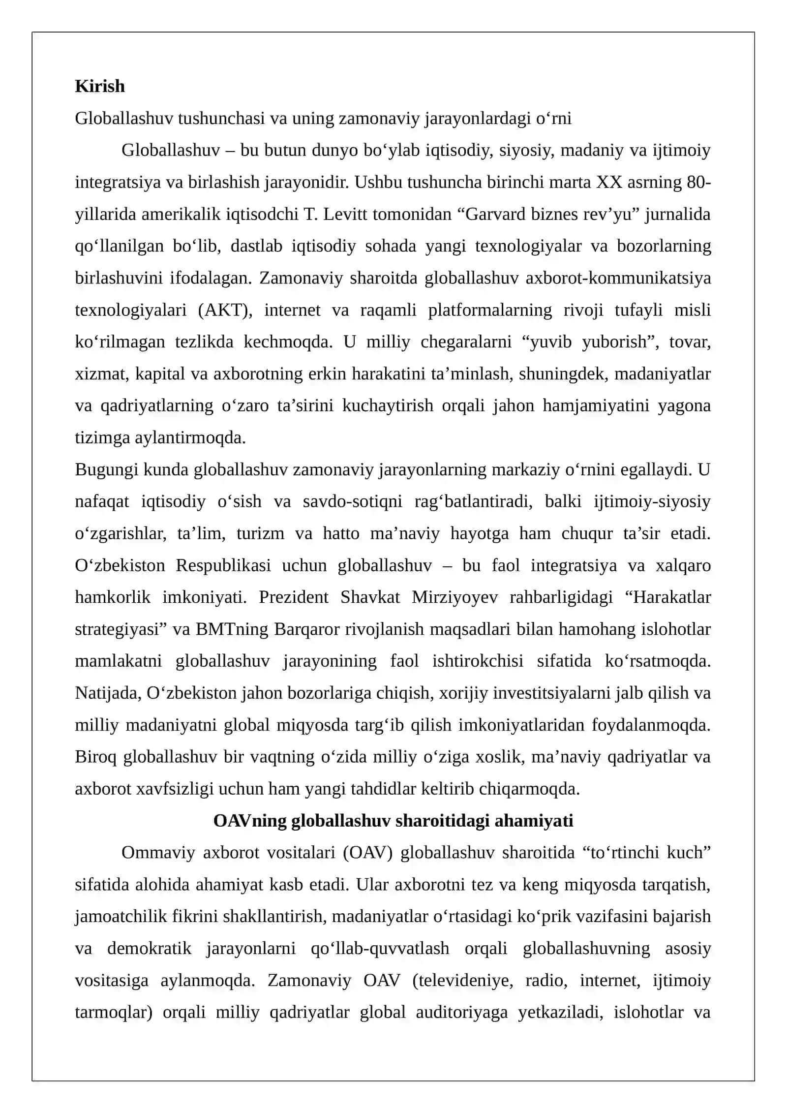 Globallashuv jarayonlardida OAV ga e’tibor (O’zbekiston) 2