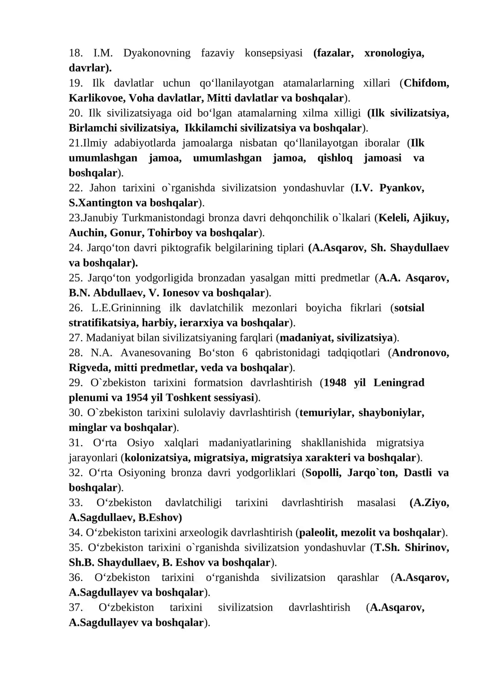 Oks sivilizatsiyasi fanidan yakuniy nazorat savollari 2
