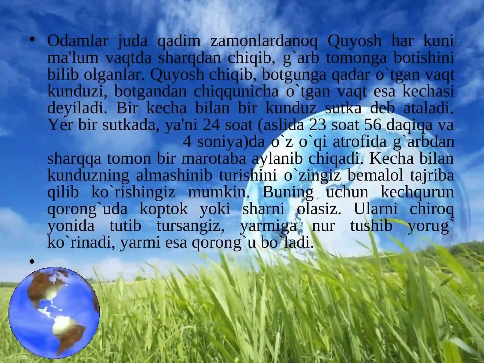 Yer ningo`zo`qi atrofida aylanishi vakattaligi 2