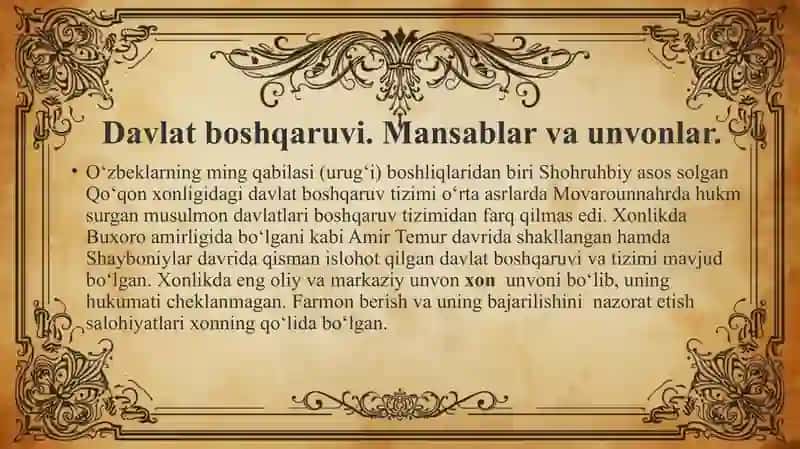 QO'QON XONLIGI DAVLAT BOSHQARUVIDA MANSAB VA UNVONLAR 2