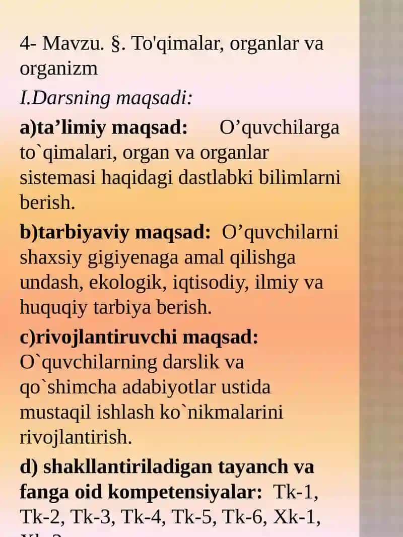 TO’QIMALAR, ORGAN VA ORGANLAR SISTEMASI 2