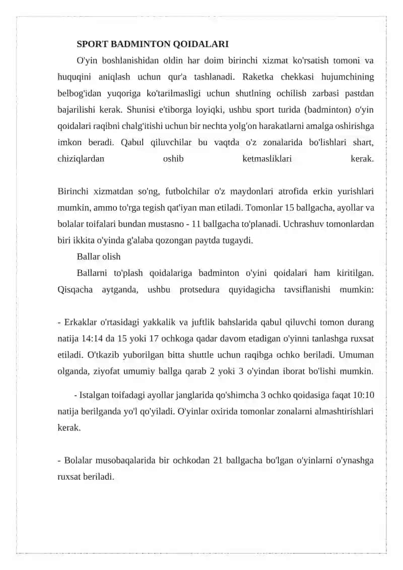 Badminton O'yin qoidalari 2