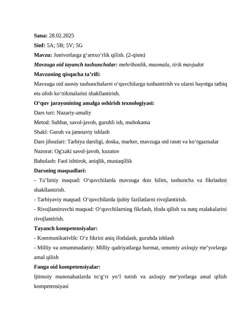 5-sinf 4-dars ishlanmasi - Jonivorlarga g‘amxo‘rlik qilish 2