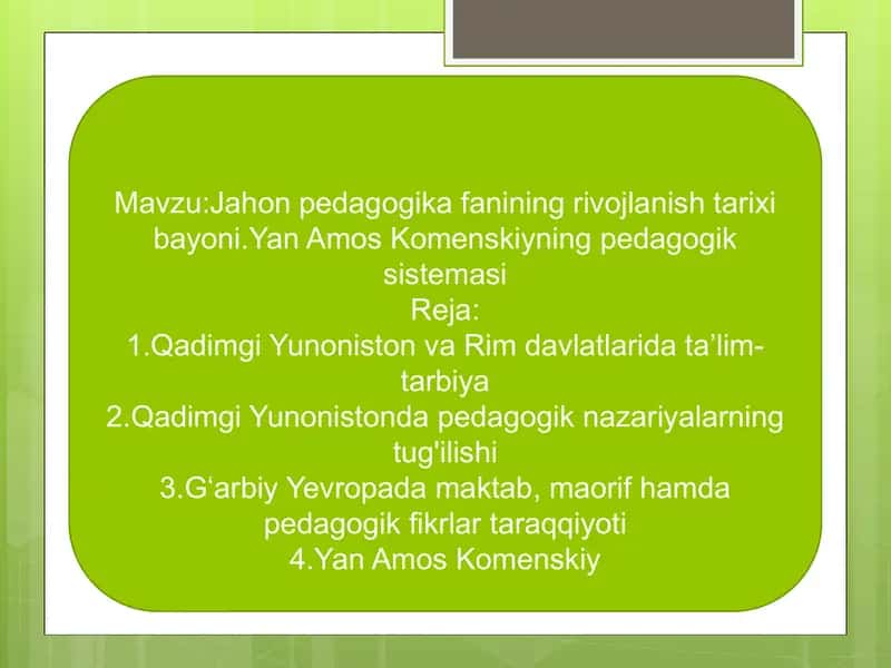 Jahon pedagogika fanining rivojlanish tarixi bayoni 2