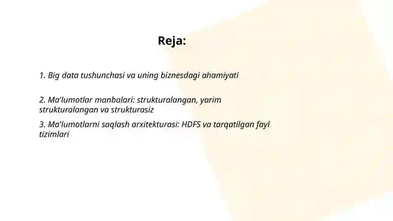 Big data texnalogiyasi imkoniyatlari va texnalogiyalari 2