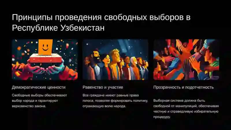 Пять важных инициатив, выдвинутых Президентом Республики Узбекистан, и их реализация. Увеличение доходов населения и обеспечение занятости в Узбекистане. Принципы проведения свободных выборов в Республике Узбекистан. Обороноспособность Республики Узбекистан. Классификация объектов культуры и их деятельность в Узбекистане. 2