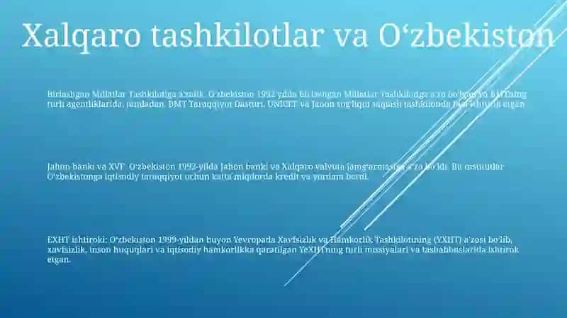 O'Zbekistonning Xalqaro Tashkilotlarga Bilan Aloqalari 2