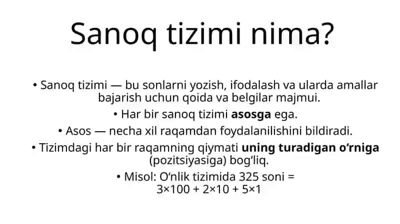 Sanoq tizimlari. Ikkilik → o‘nlik va o‘nlik → ikkilikka o‘tkazish 2