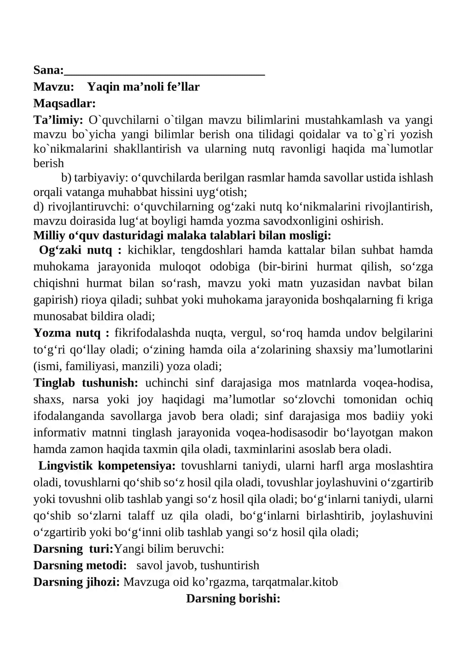 Yaqin ma’noli fe’llar mavzusida 3-sinf Ona tili fanidan dars ishlanmasi 2