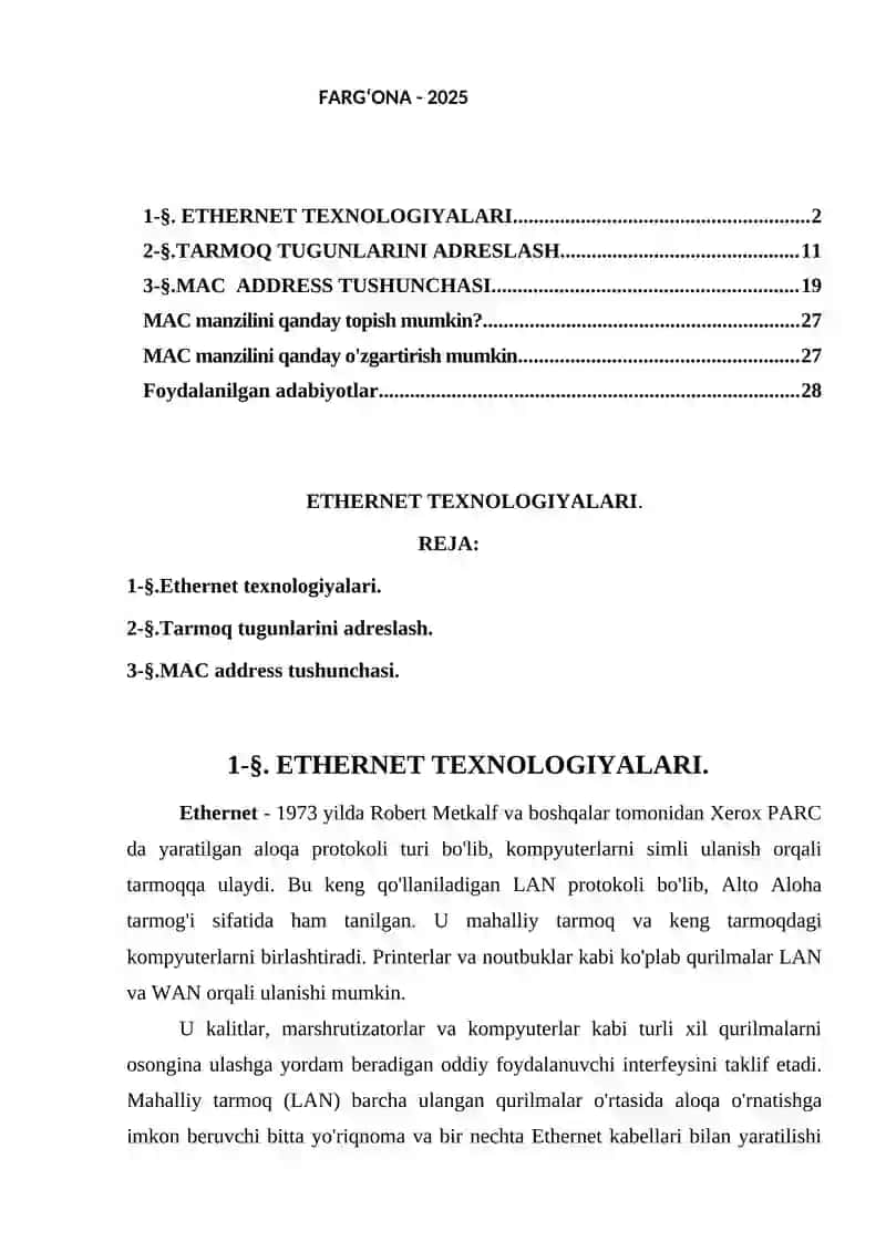 ETHERNET TEXNOLOGIYALARI 2