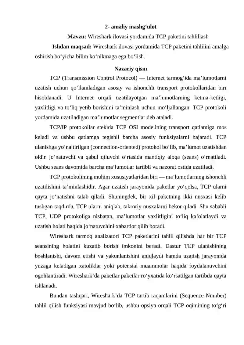 Wireshark ilovasi yordamida TCP paketini tahlillash 2