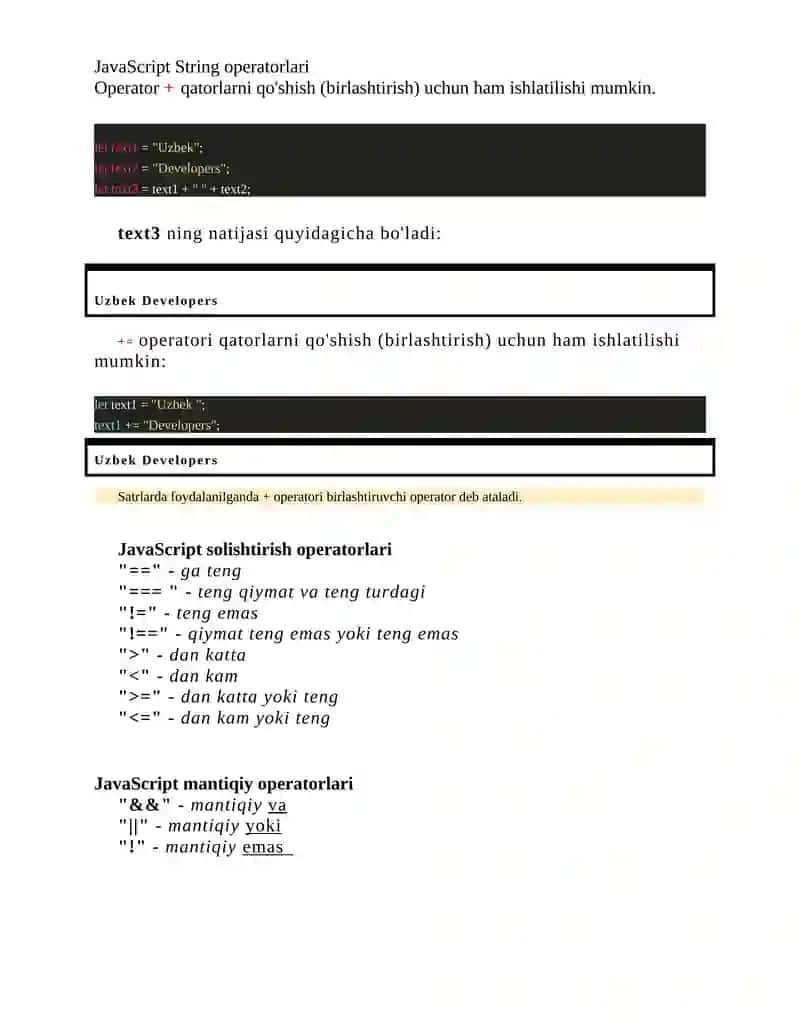 JavaScript Operatorlar 2