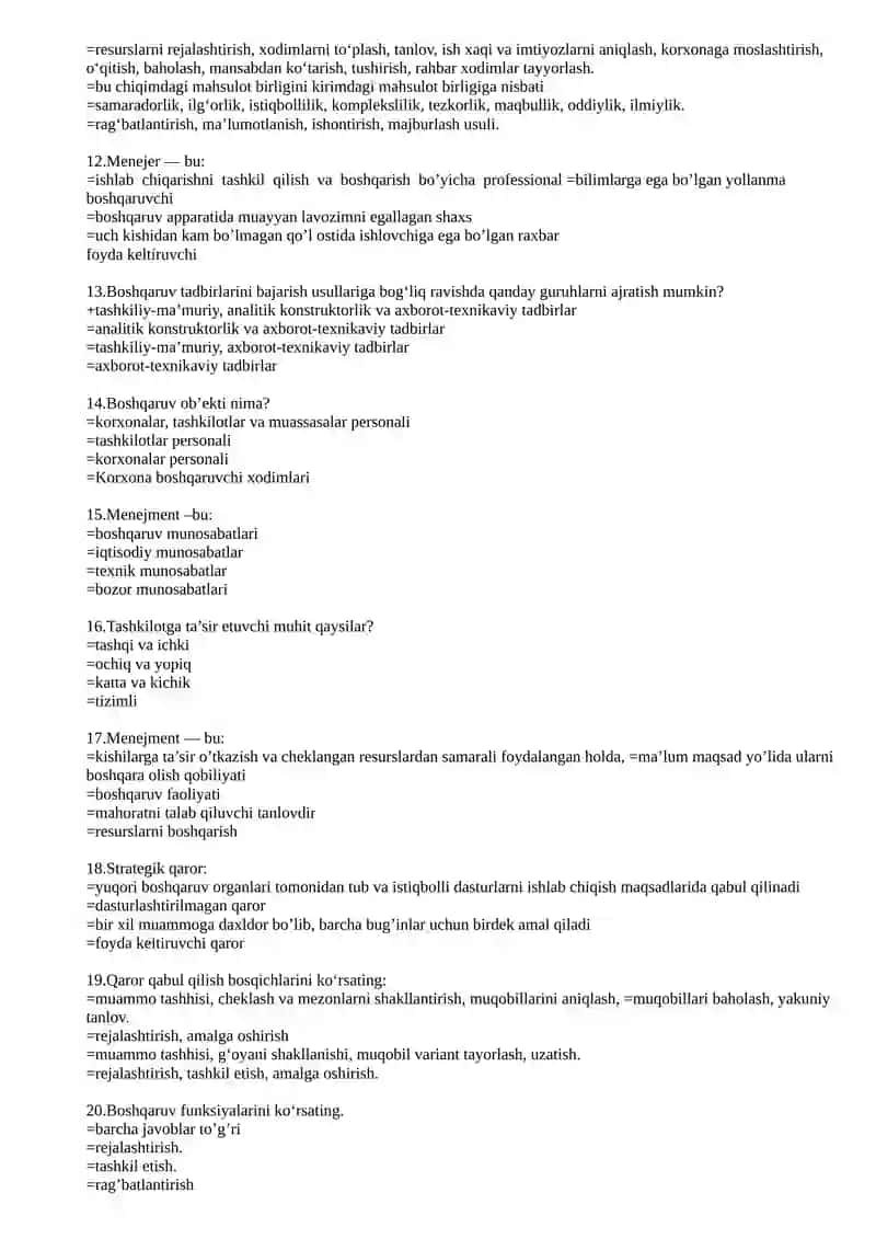 Boshqaruv va Menejment asoslari bo'yicha test savollari 2