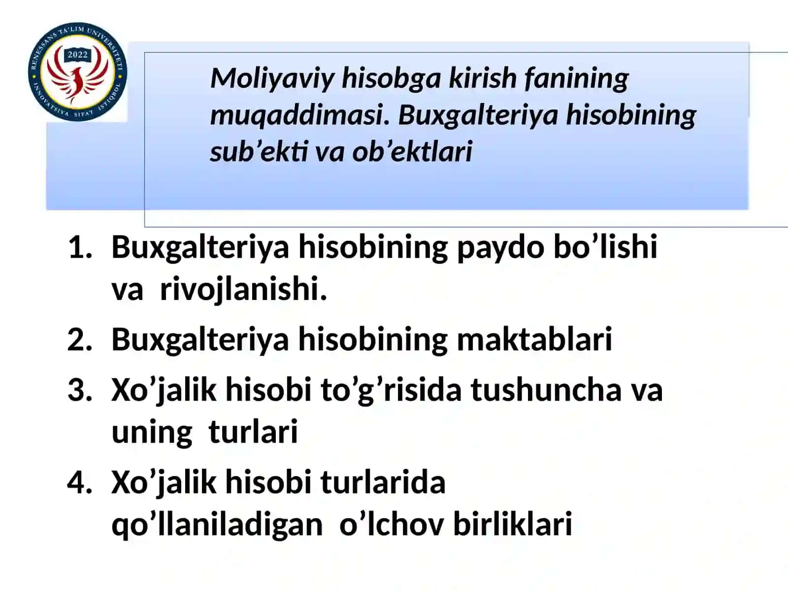 Moliyaviy hisobga kirish fanining muqaddimasi 2