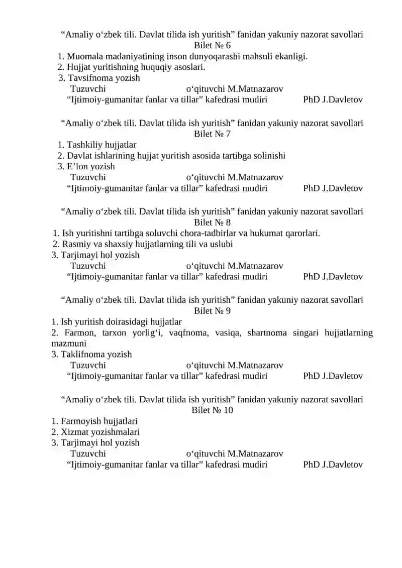 Amaliy o‘zbek tili. Davlat tilida ish yuritish 2