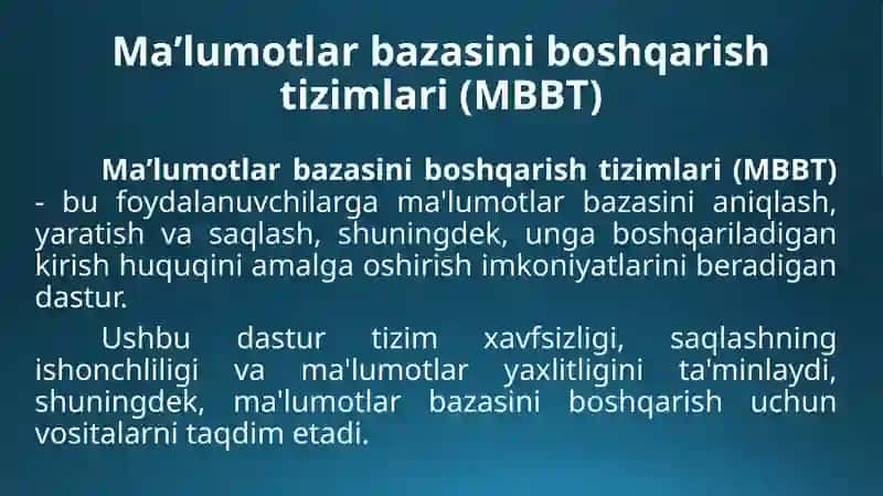 Ma’lumotlar bazasi boshqarish tizimlari 2