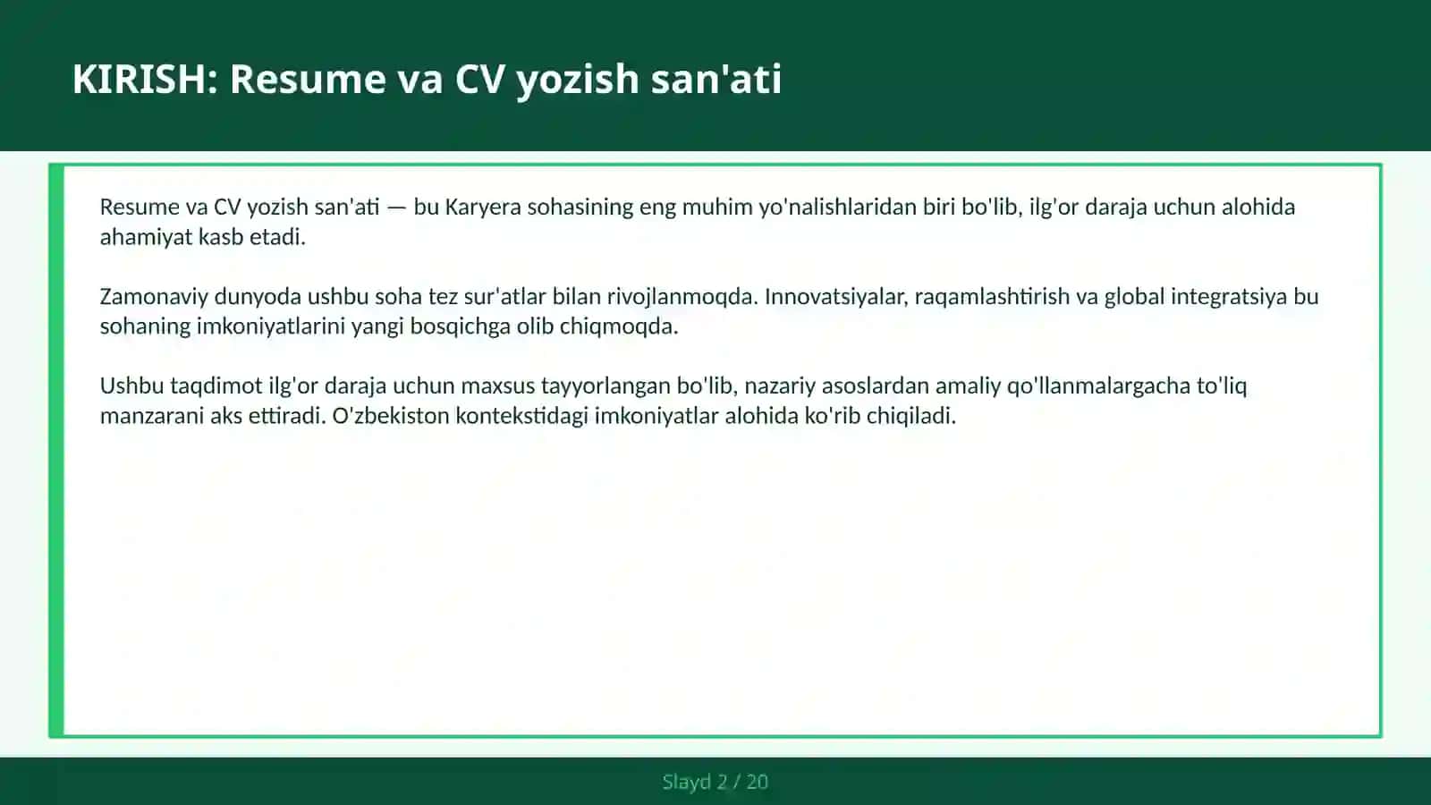 KIRISH: Resume va CV yozish san'ati 2