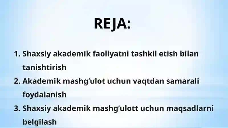 Shaxsiy akademik faoliyatni tashkil etish 2