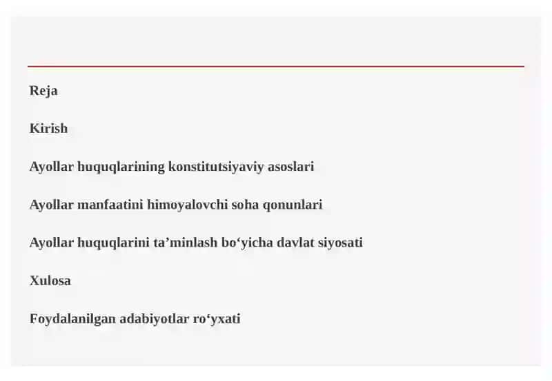 Ayollar huquqini ta’minlash bo‘yicha milliy qonunchilik 2