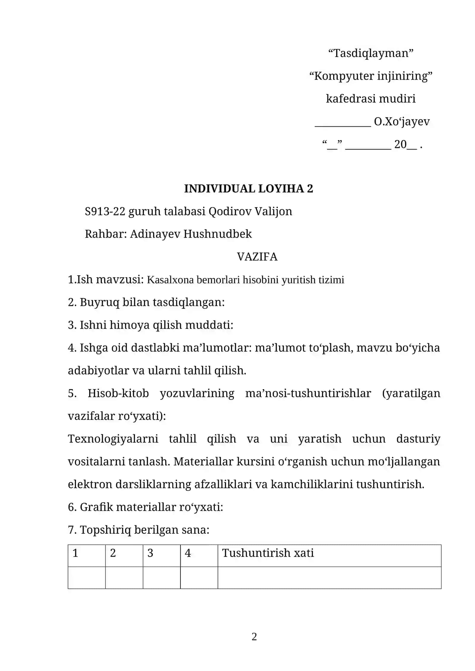 Individual loyiha: Kasalxona bemorlari hisobini yuritish tizimi 2