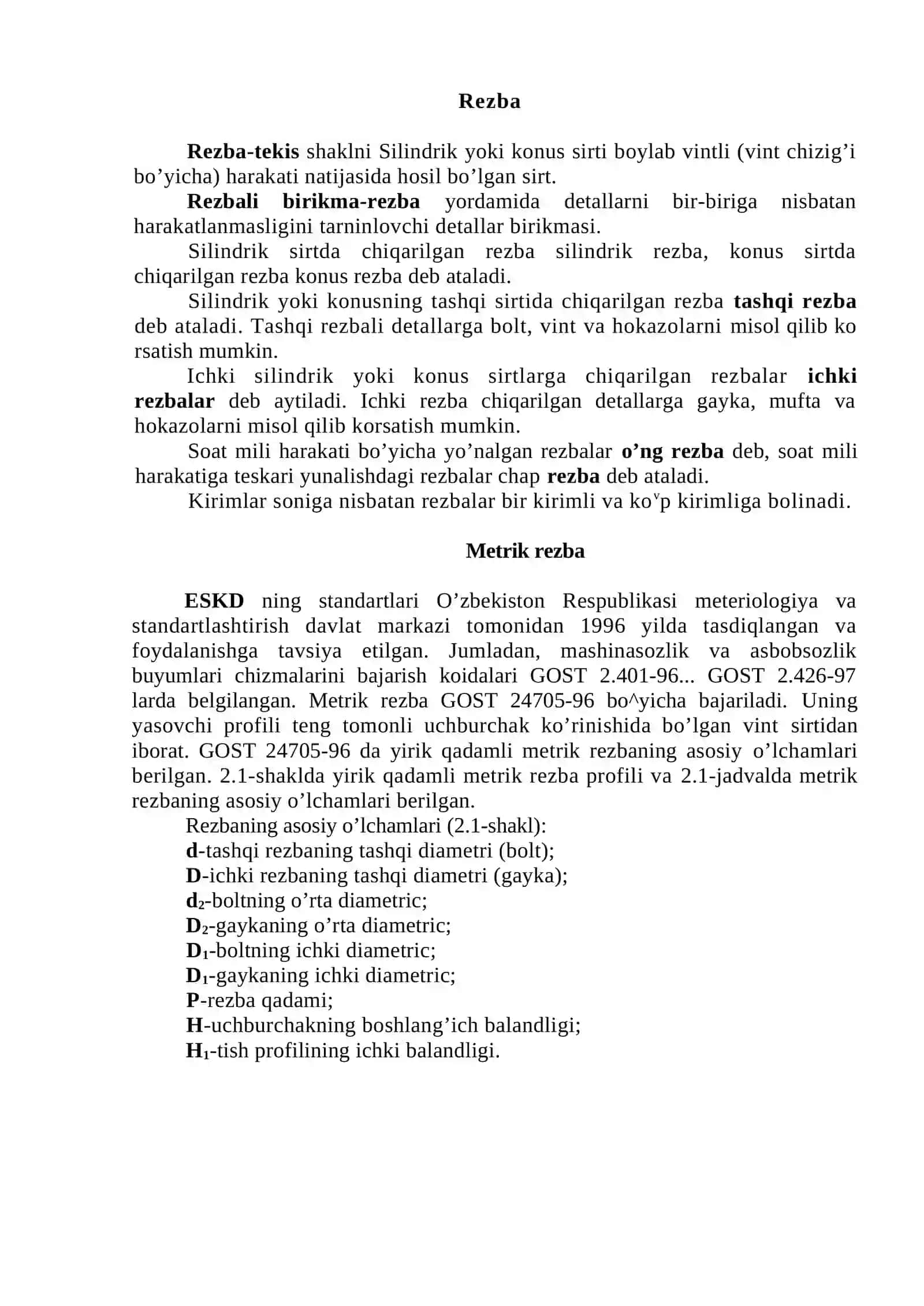 REZBA ELEMENTLARI SISTEMASI VA PROFILI 2