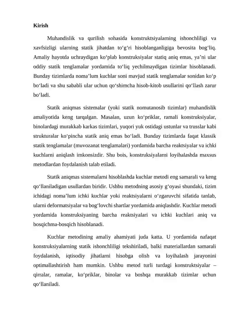 Statik aniqmas sistemalarni kuchlar metodi biian hisoblash 2