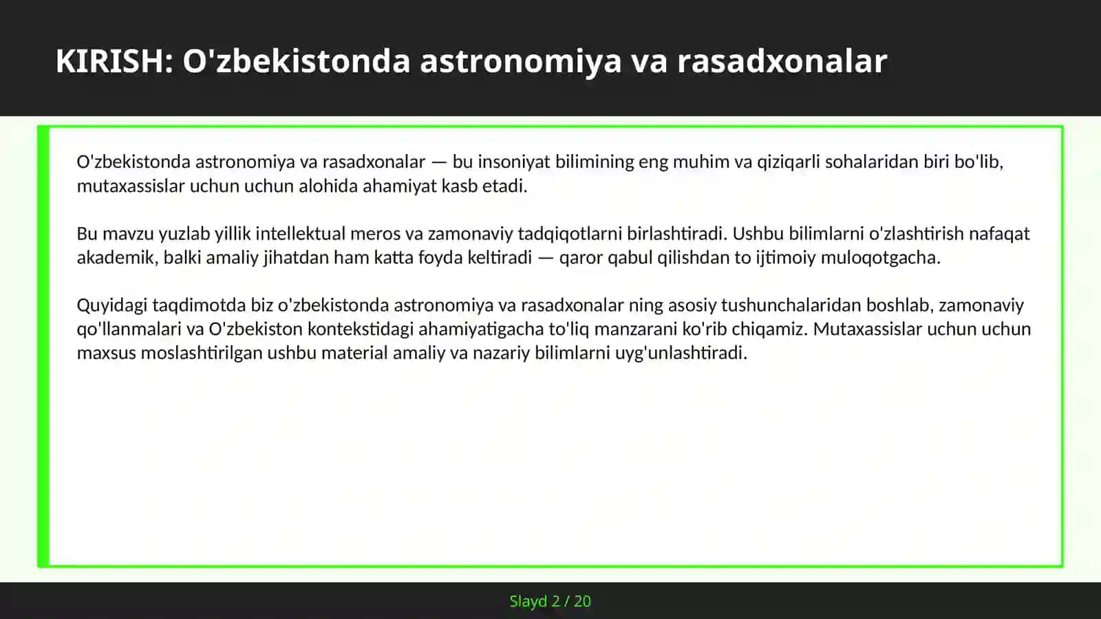 O'ZBEKISTONDA ASTRONOMIYA VA RASADXONALAR 2