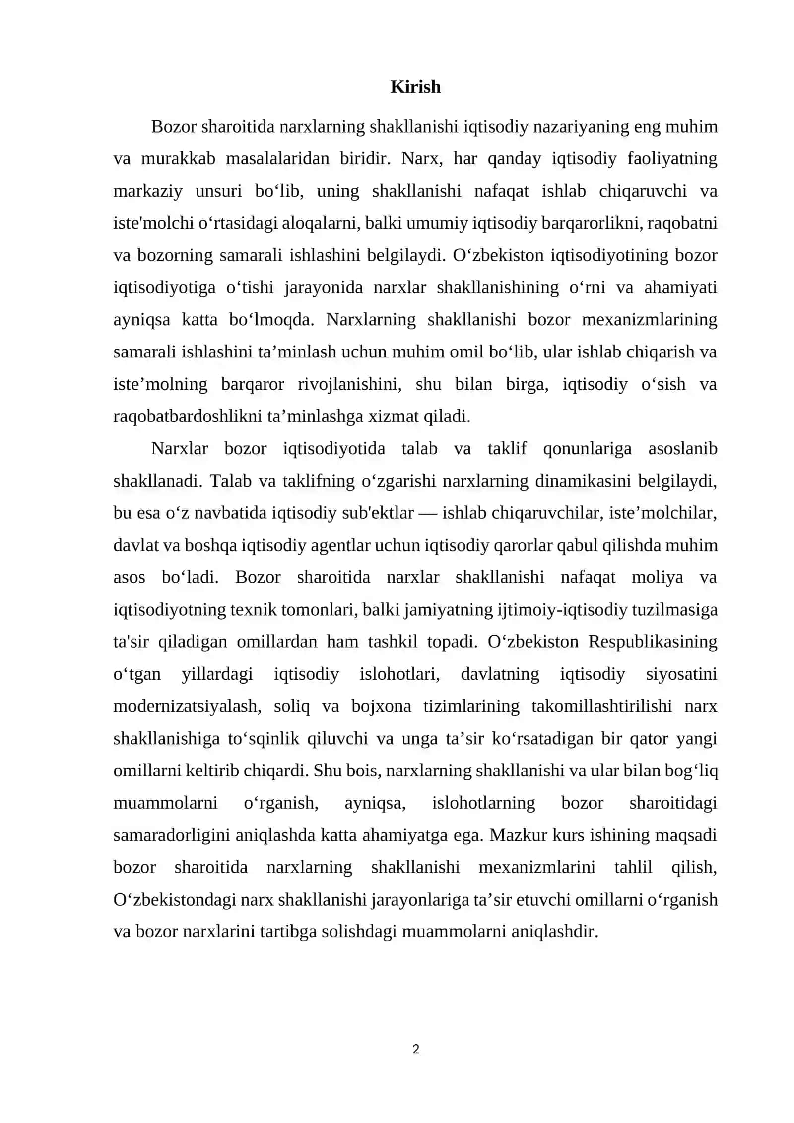 Bozor sharoitida narxlarning shakllanishi. 2