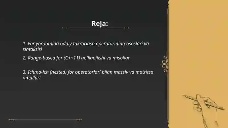 C++ da for takrorlash operatoriga oid loyiha ishlab chiqish 2