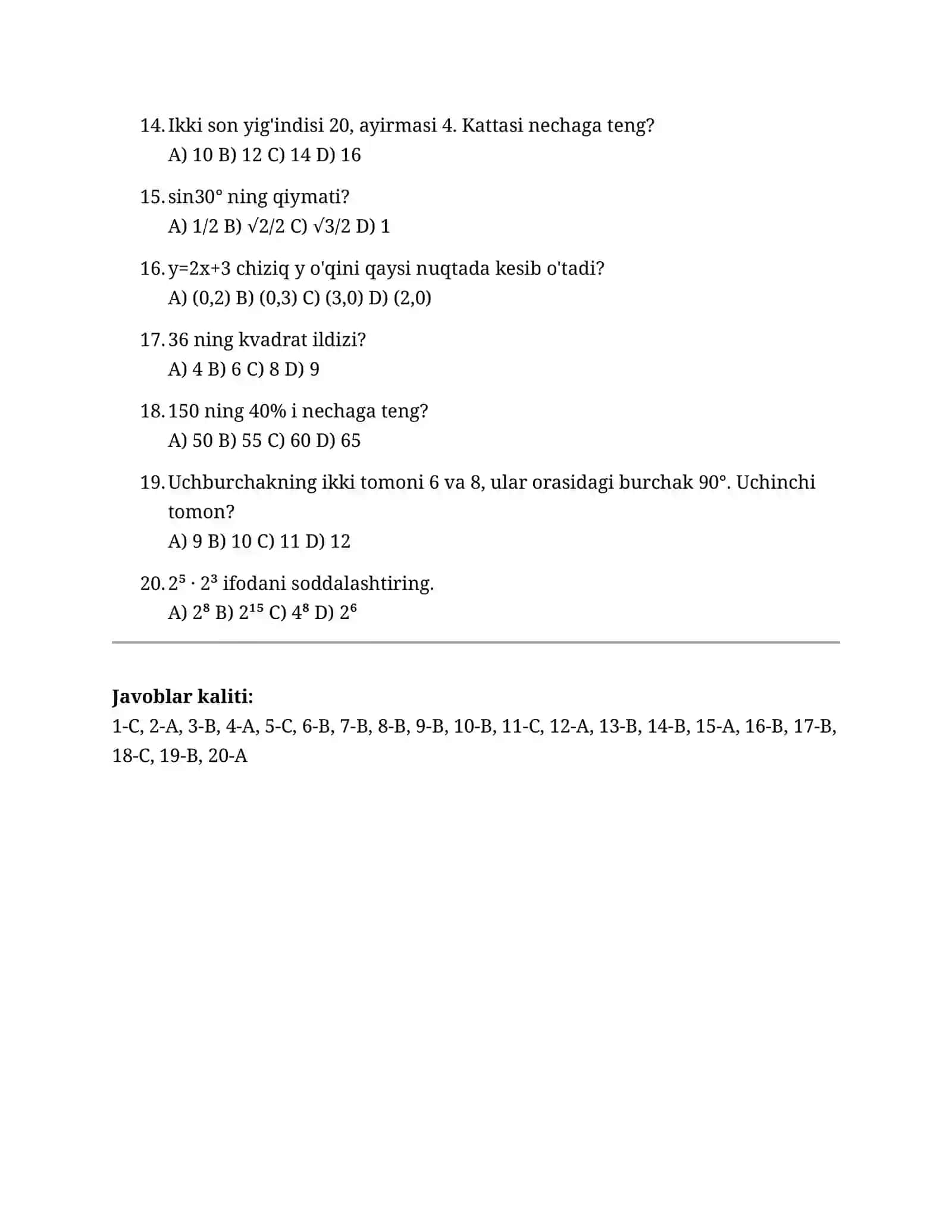 Majburiy fan: Matematika (namunaviy test) 2