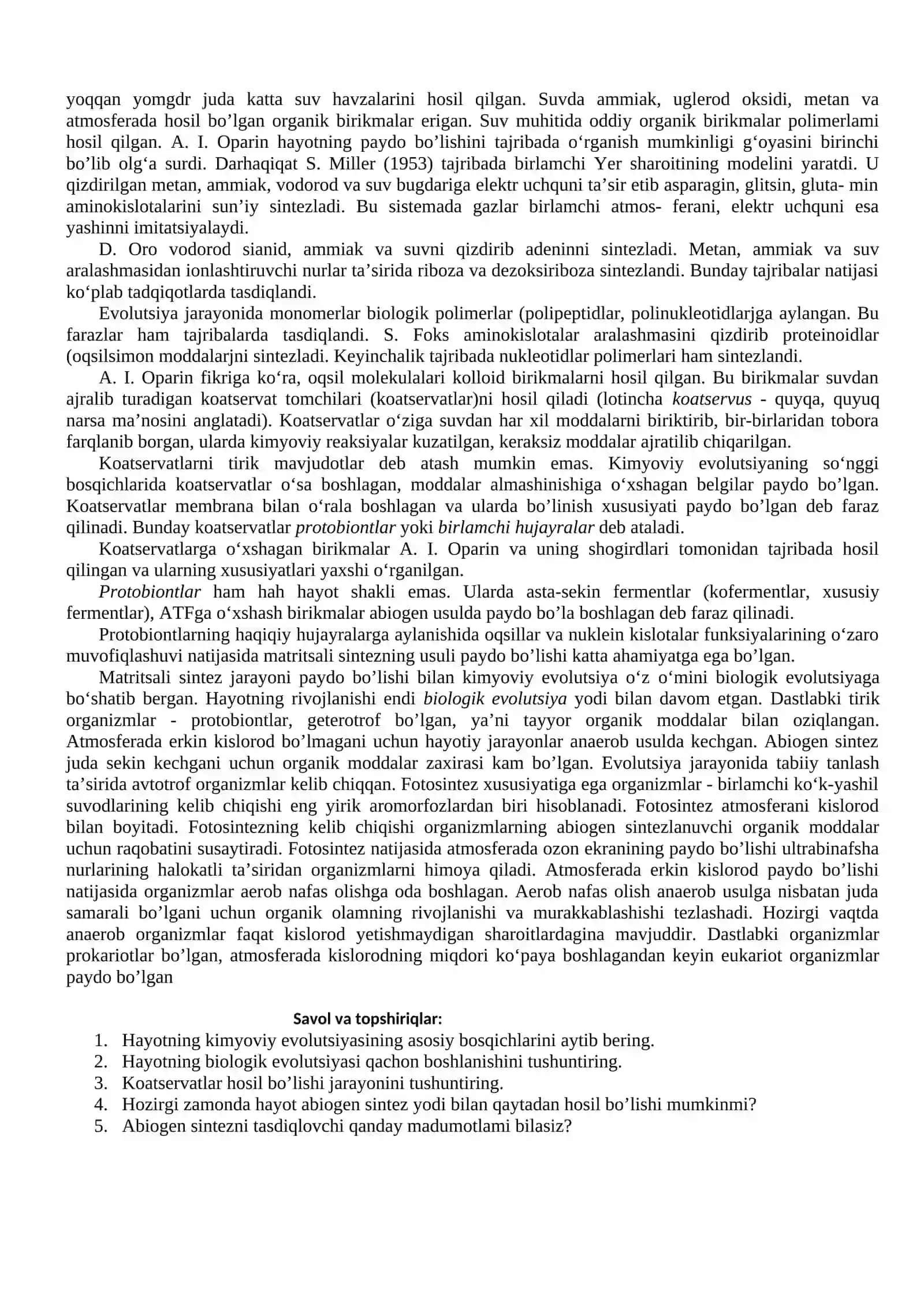 Yerda hayotning paydo bo’lishi haqidagi nazariyalar.Biokimyoviy evolyutsiya nazariyasi 2