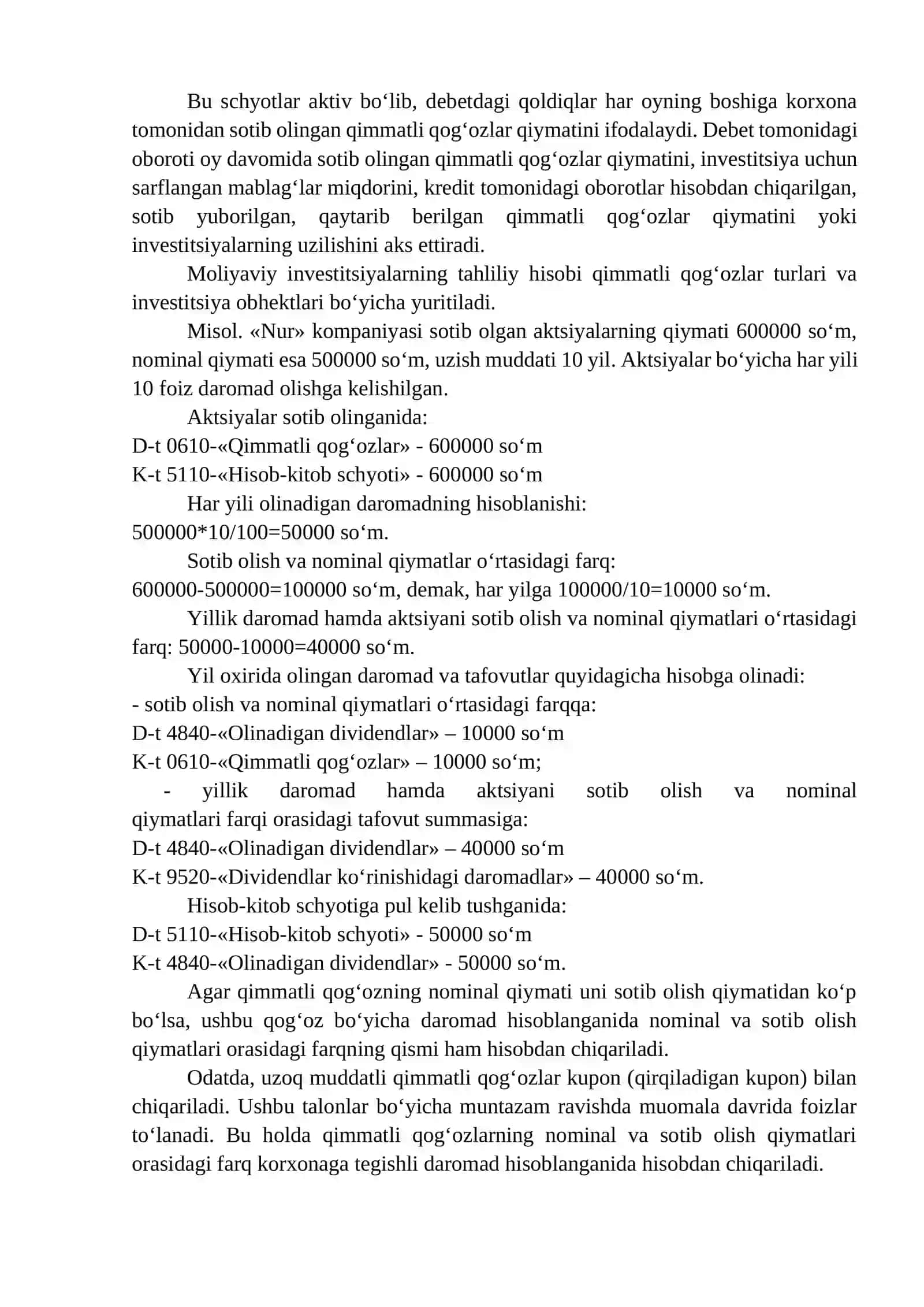 Uzoq muddatli moliyaviy investitsiyalar harakatini hisobda aks ettirish 2