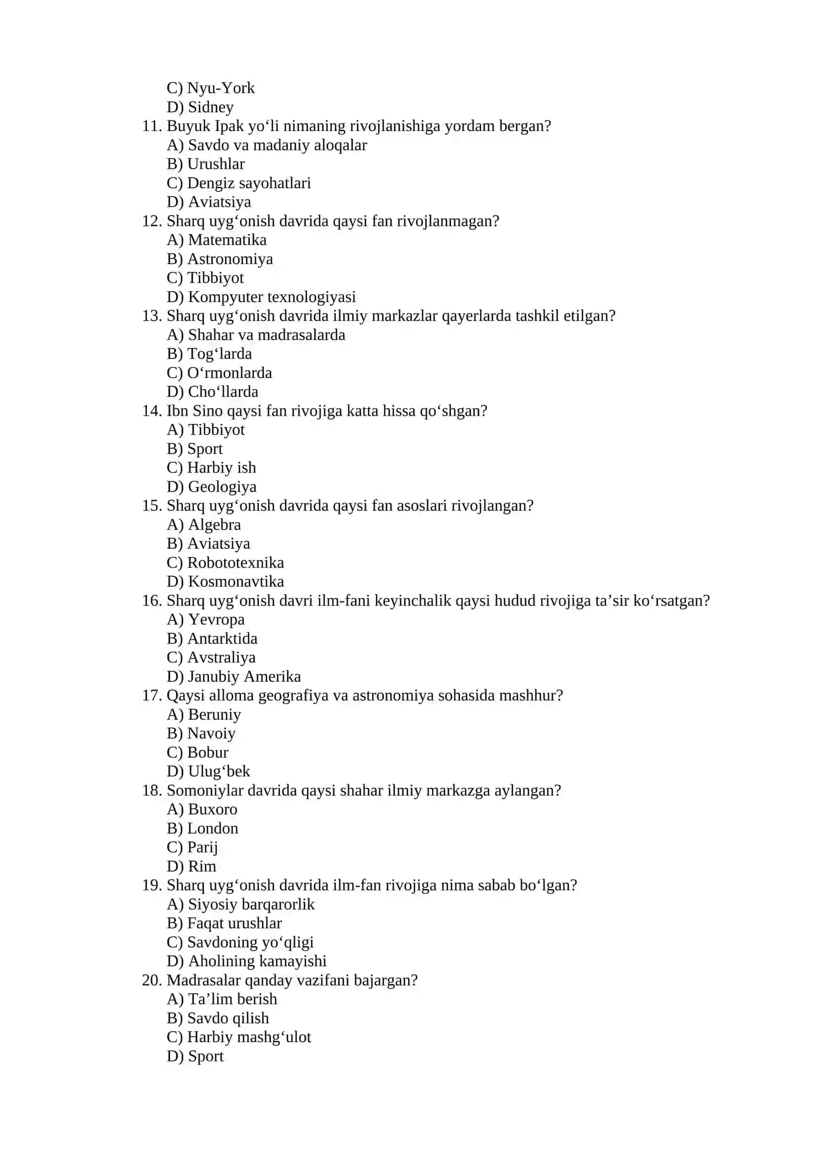 IX–XII asrlarda Sharq uyg‘onish davri (Test) 2
