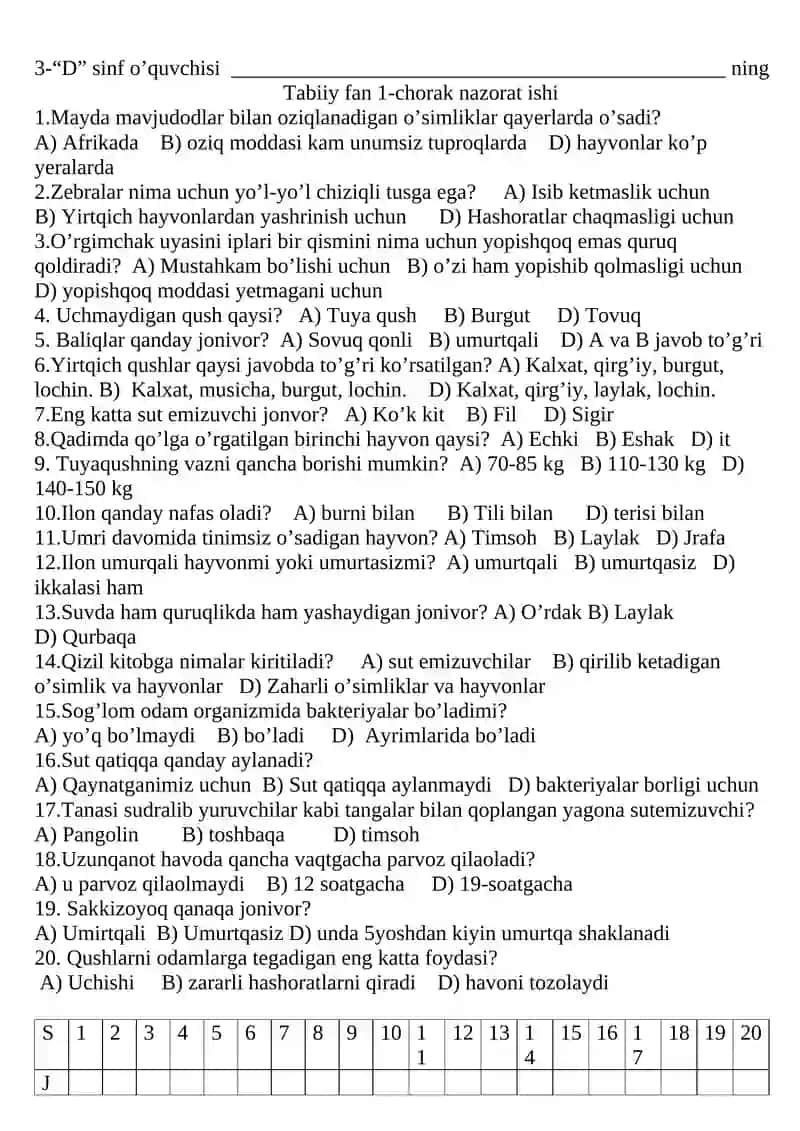 D sinf o’quvchisi Tabiiy fan 1-chorak nazorat ishi 2