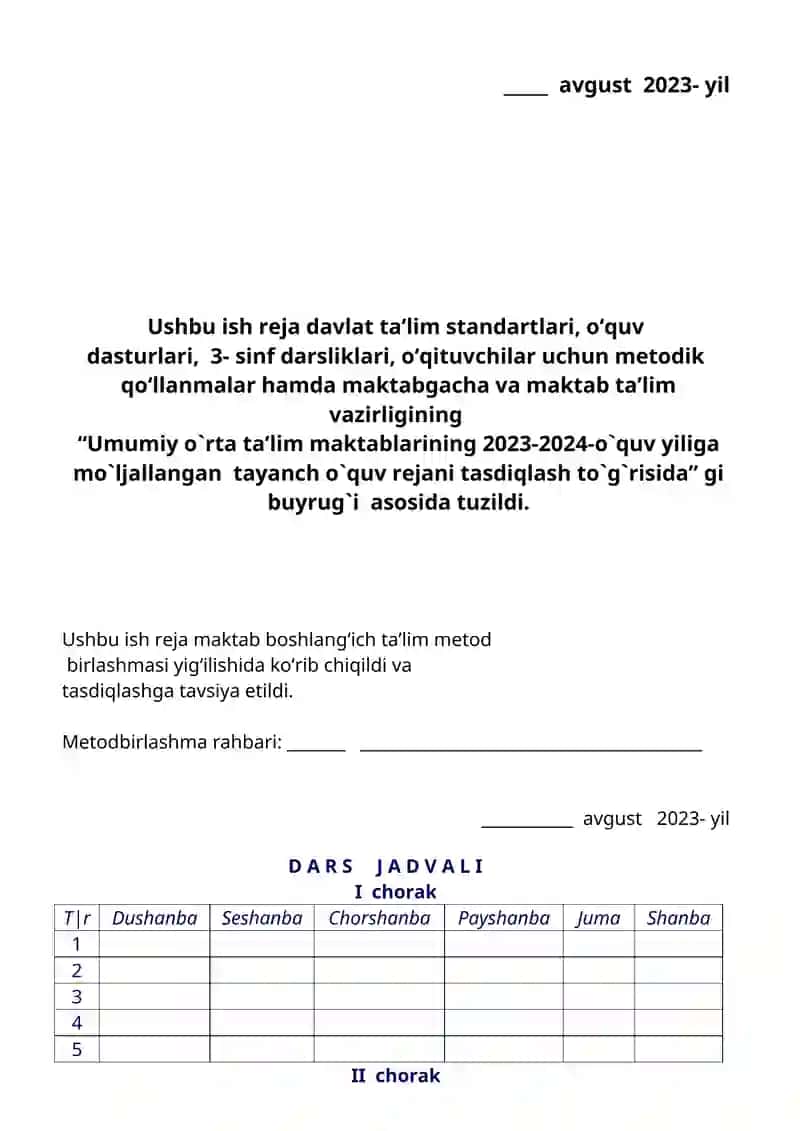 3-sinflar uchun YILLIK TAQVIM REJASI 2