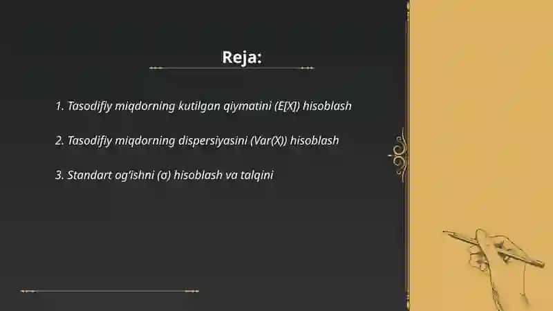 Tasodifiy miqdorlarning xarakteristikalarini hisoblash 2