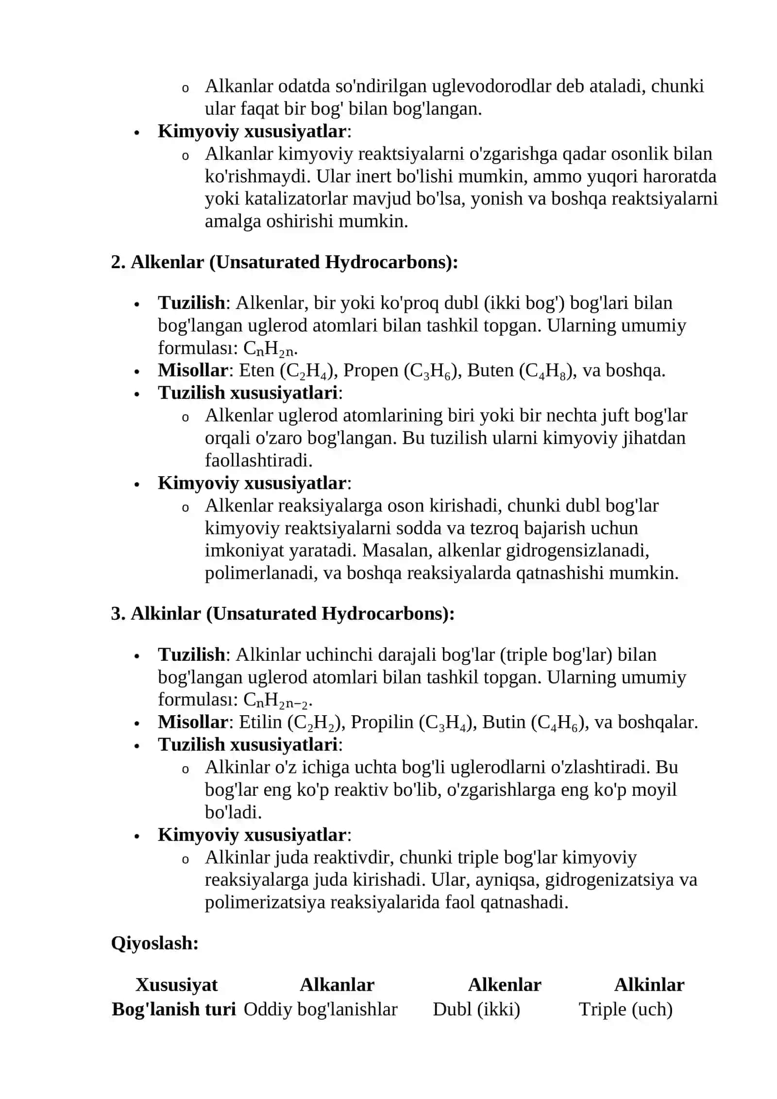 Alkan, alken, alkinlarning tuzulishi 2