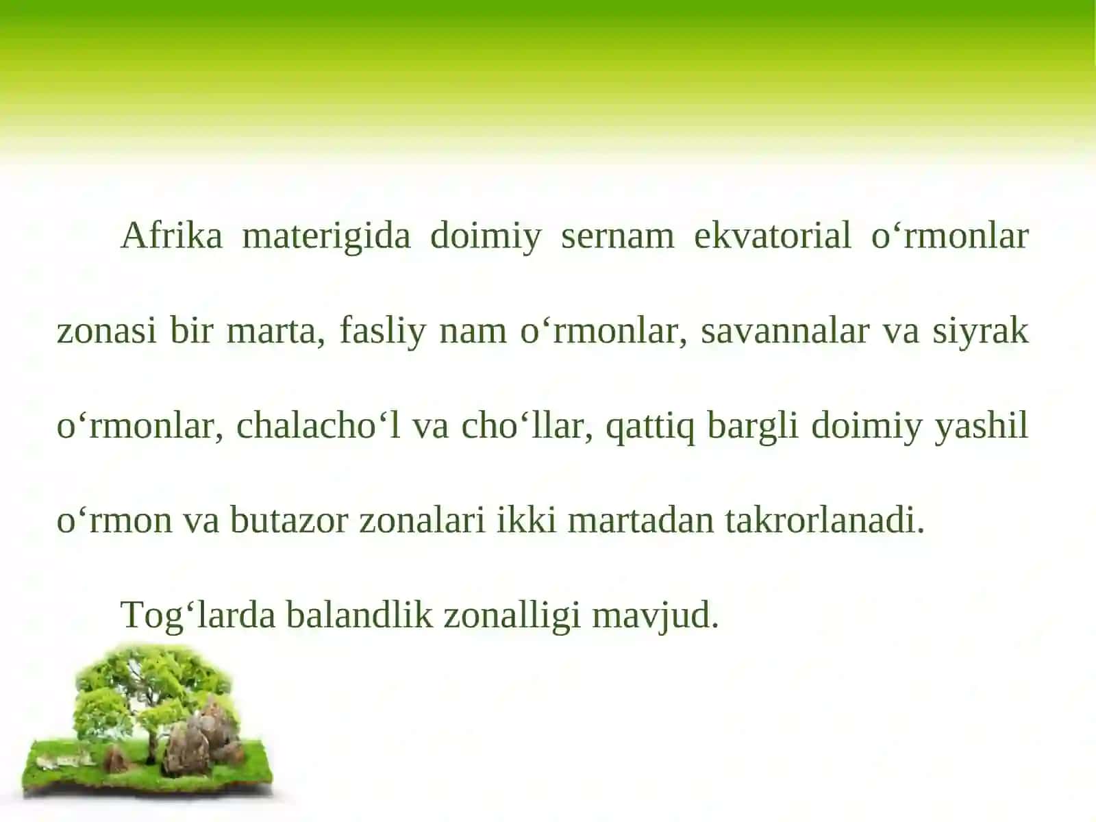 Afrika materigida doimiy sernam ekvatorial o‘rmonlar zonasi 2
