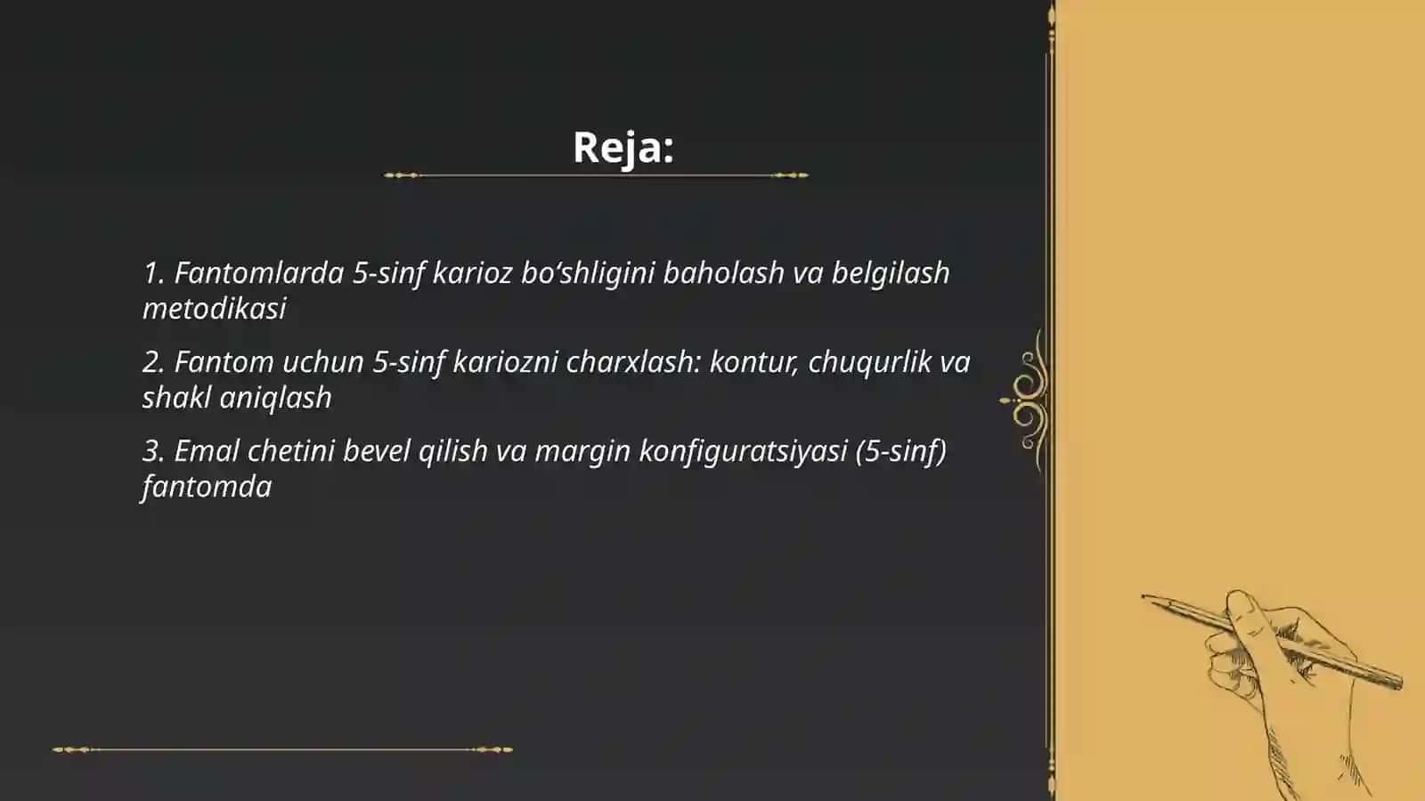Fantomlarda 5-sinf karioz boʻshliqlarini charxlash va plombalash 2