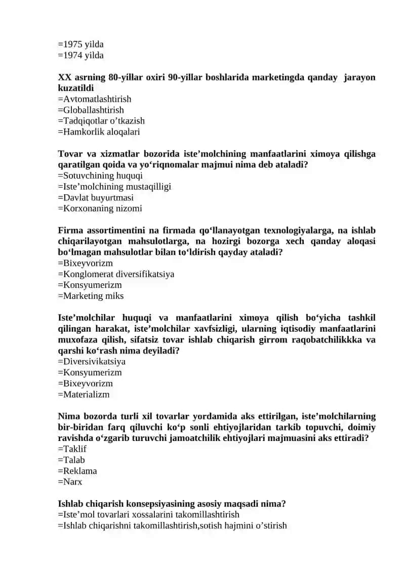 MARKETING FANIDAN TEST SAVOLLARI 2