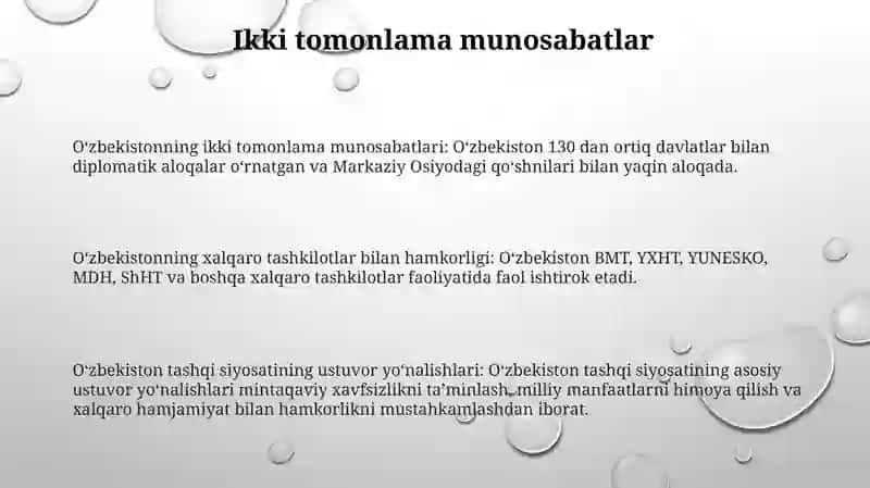 O‘Zbekistonning Xalqaro Tashkilotlar Bilan Hamkorlik Aloqalari 2