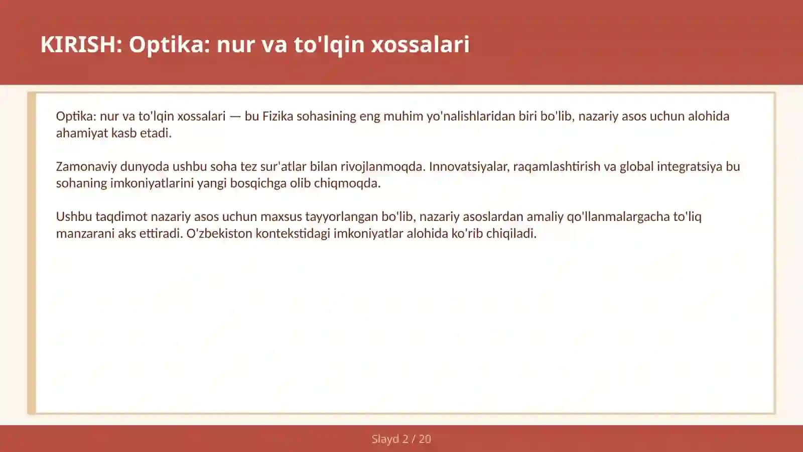 Optika: nur va to'lqin xossalari 2