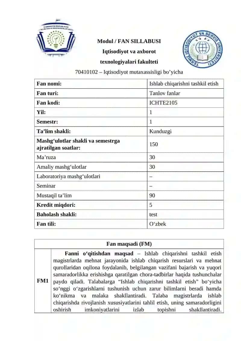 Ishlab chiqarishni tashkil etish 2