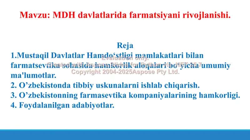 10. MDH davlatlarida farmatsiyaning rivojlanishi. Taqdimot 12 bet. 2