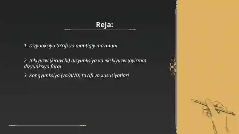 Dizyunksiya va kongyunksiya turlar.Mulohaza turlari 2