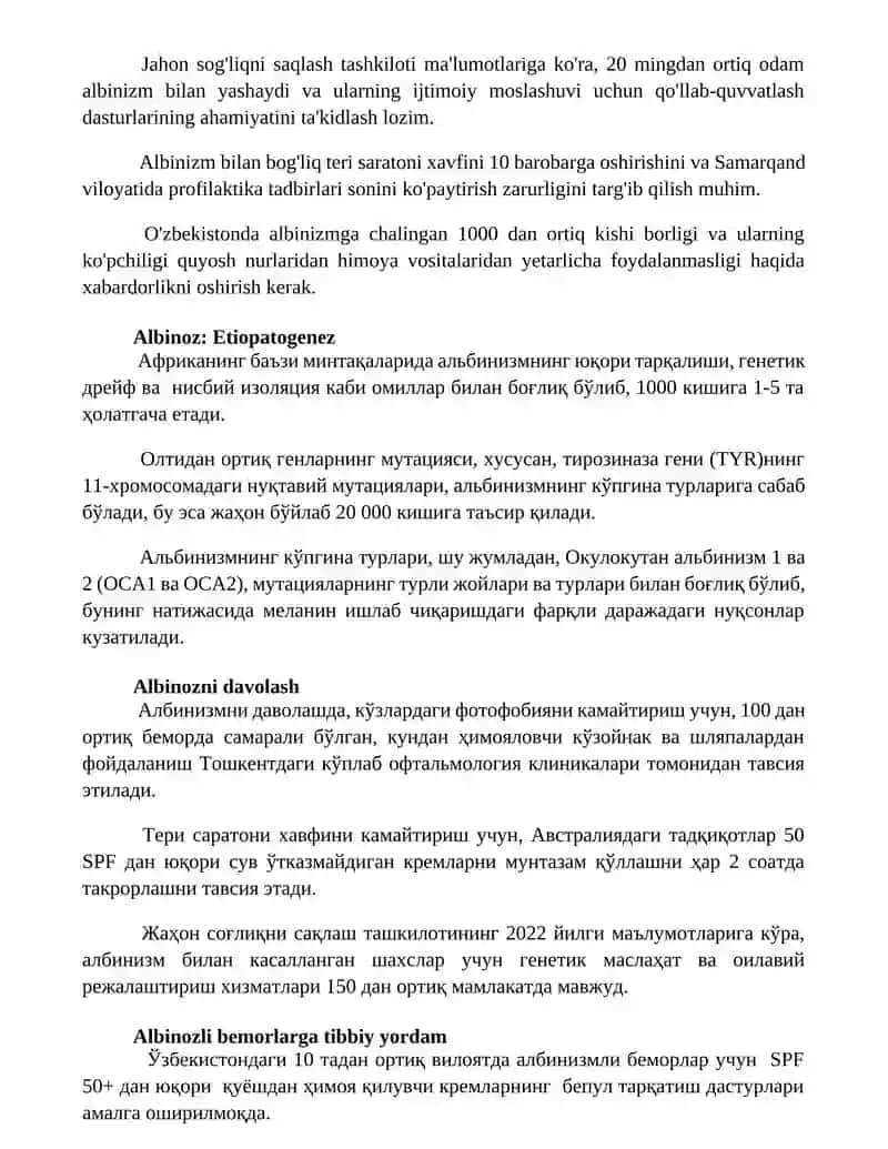 Albinizm.Etipatogenezi kilinikasi,diagnostikasi, davolash va proflaktokasi 2