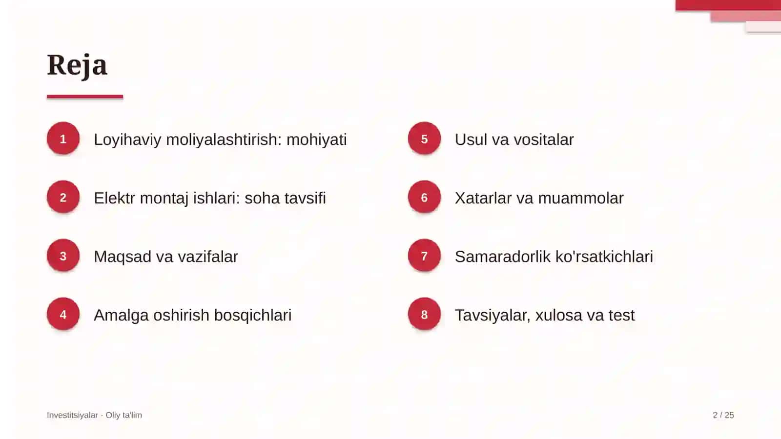 Elektr montaj ishlarida loyihaviy moliyalashtirish 2