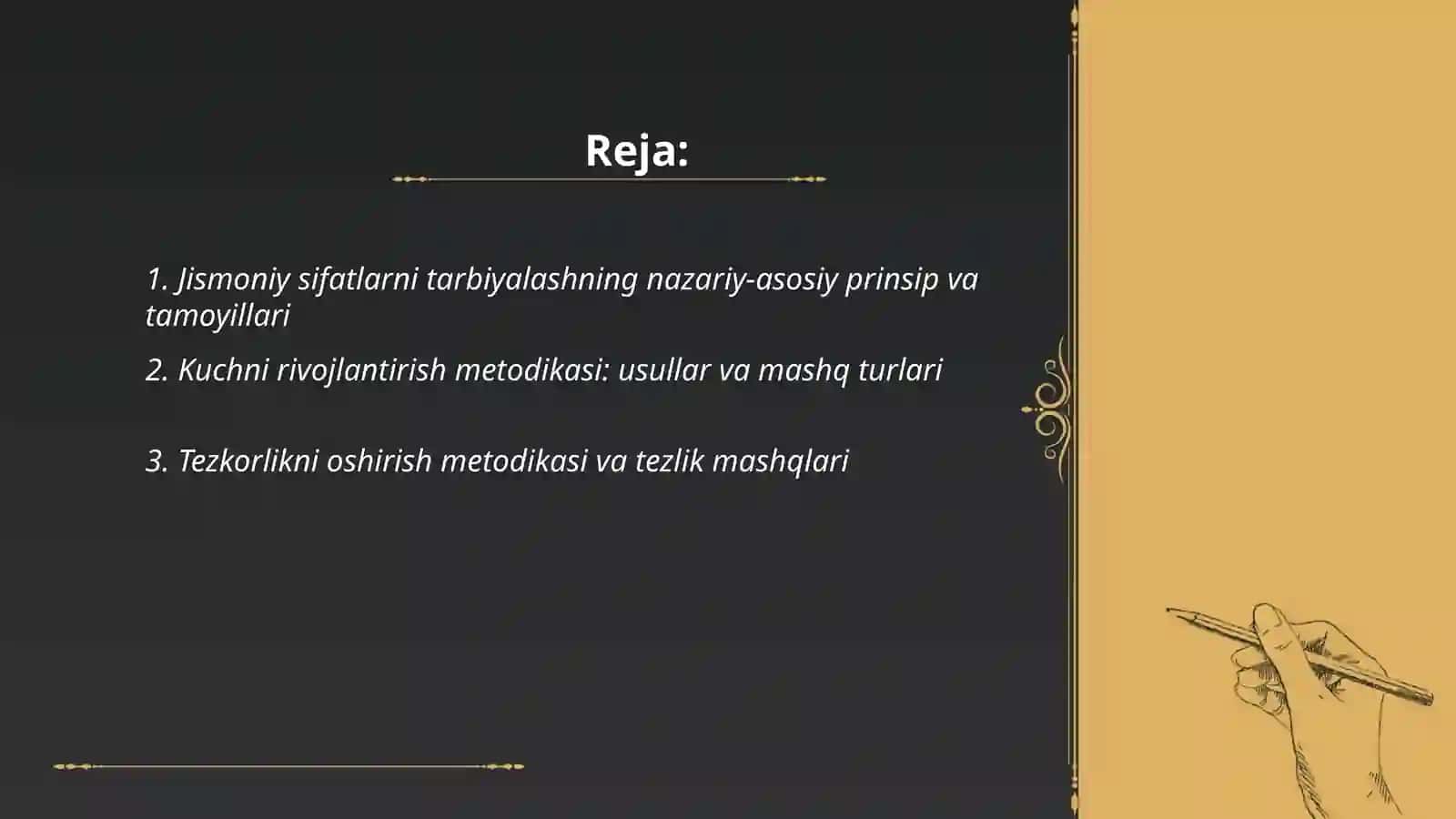 Jismoniy sifatlarni (kuch, tezkorlik, chaqqonlik, egiluvchanlik, chidamlik) tarbiyalash metodikasi 2
