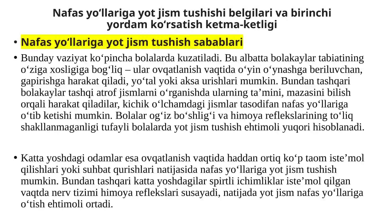 NAFAS YO’LLARIDA YOT TANA. SHOSHILINCH TIBBIY YORDAM ALGORITMI 2